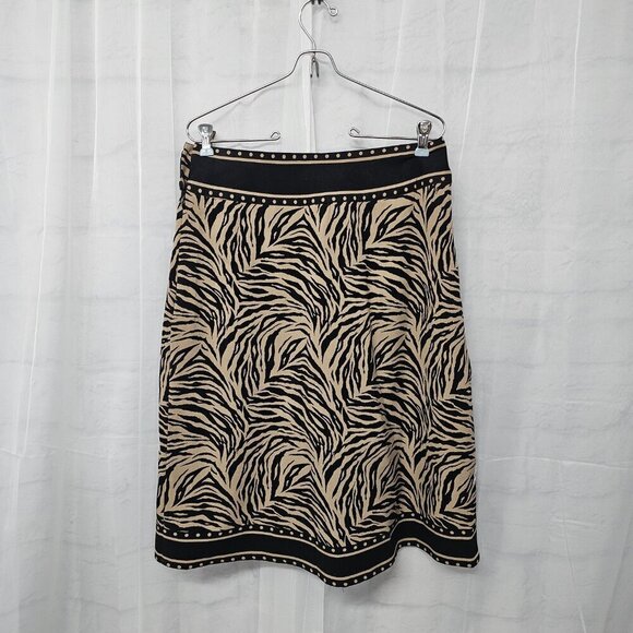 Silkland Tan Black Animal Print Pleated A-Line Skirt Tribal Safari Office 6 - Picture 10 of 14